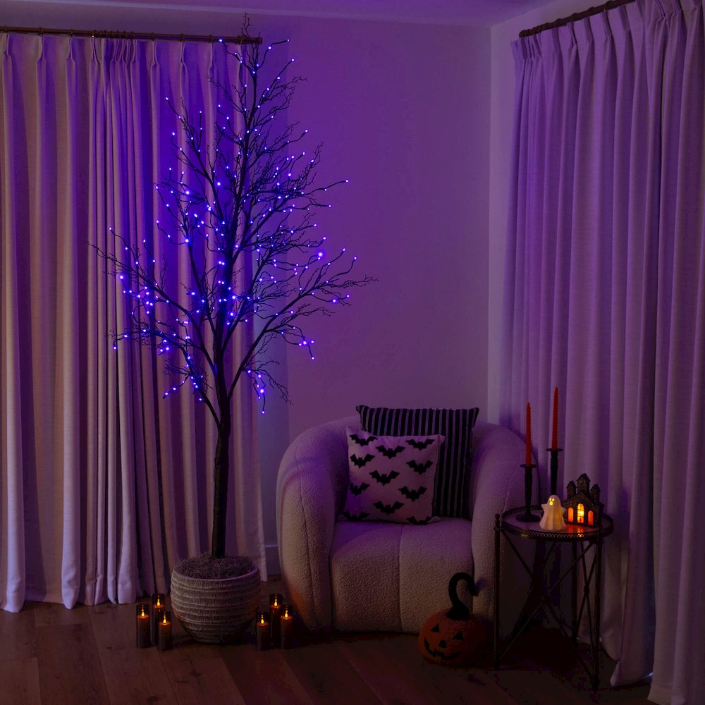 8ft. Pre-Lit Halloween Deluxe Black Twig Artificial Tree with 216 LED Lights. Picture 5