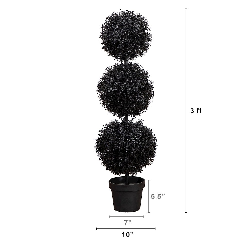 3ft. UV Resistant Artificial Halloween Black Triple Ball Boxwood Topiary. Picture 1