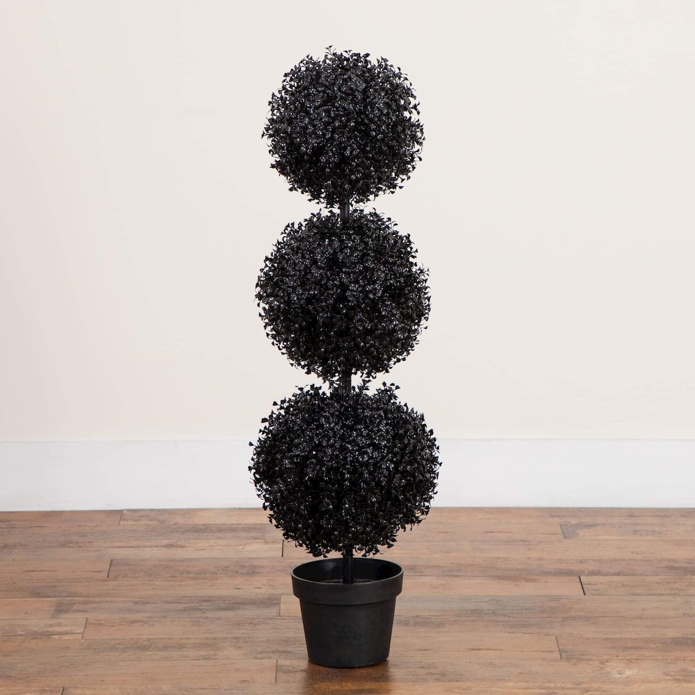 3ft. UV Resistant Artificial Halloween Black Triple Ball Boxwood Topiary. Picture 2