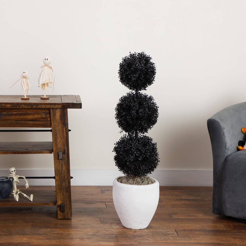 3ft. UV Resistant Artificial Halloween Black Triple Ball Boxwood Topiary. Picture 5