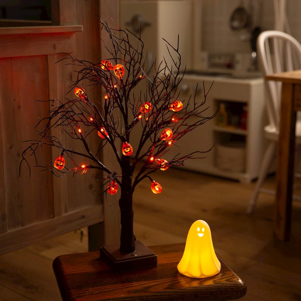 22in. Pre-Lit Artificial Halloween Brown Twig Tree with 12 Orange LED Lights. Picture 8