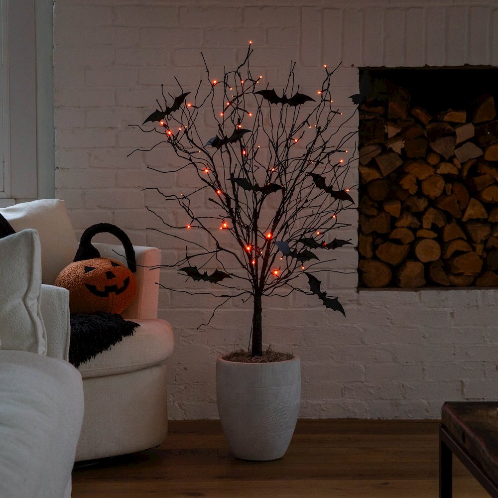 4ft. Pre-Lit Artificial Halloween Black Twig Tree with Bats and 50 LED Lights. Picture 6