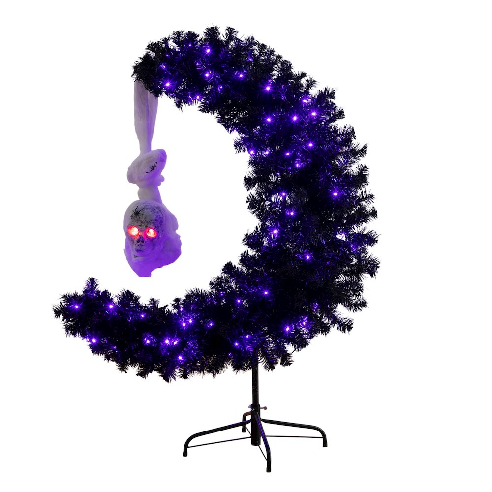 4ft. Pre-Lit Halloween Black Moon & Skull Tree with 250 Orange & Purple LEDs. Picture 1