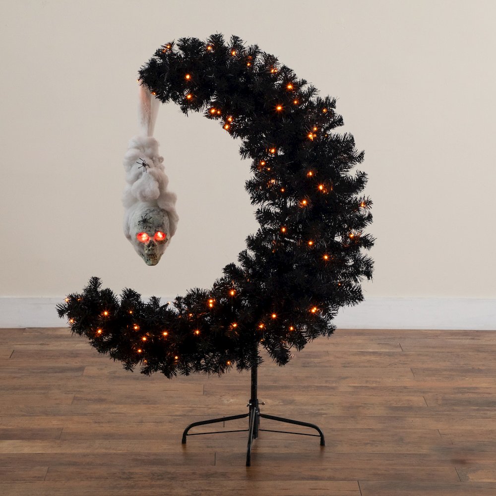 4ft. Pre-Lit Halloween Black Moon & Skull Tree with 250 Orange & Purple LEDs. Picture 4