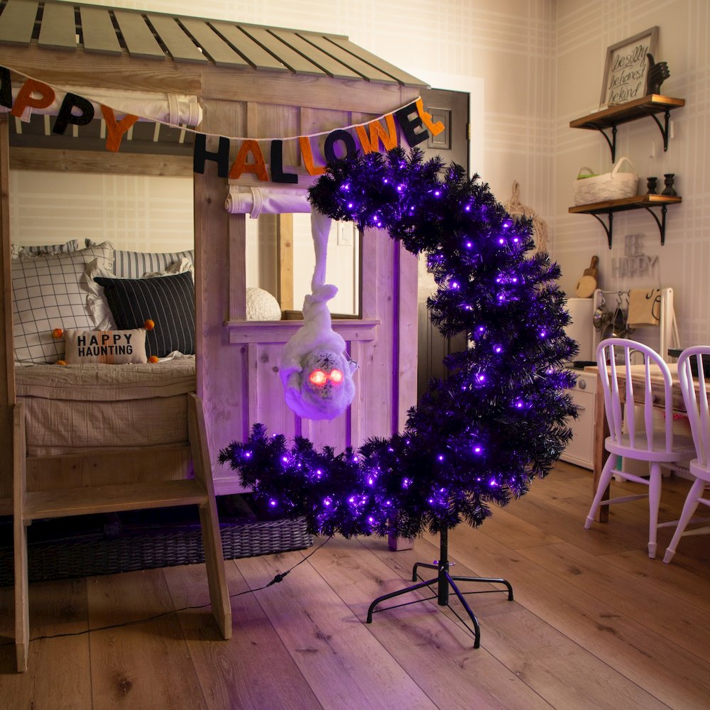 4ft. Pre-Lit Halloween Black Moon & Skull Tree with 250 Orange & Purple LEDs. Picture 8