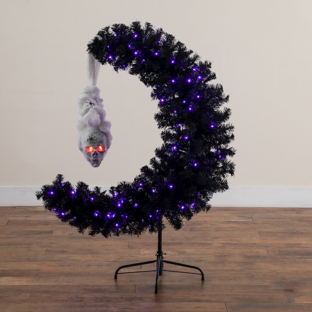 4ft. Pre-Lit Halloween Black Moon & Skull Tree with 250 Orange & Purple LEDs. Picture 3