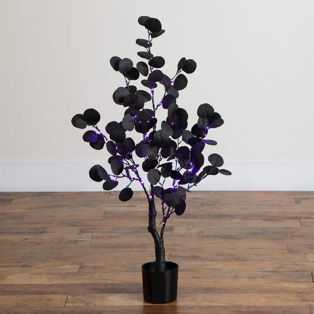 3ft. Pre-Lit Artificial Halloween Black Eucalyptus Tree with 80 LED Lights. Picture 10