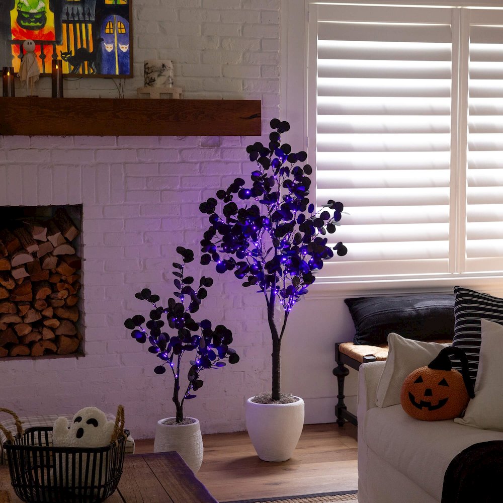 3ft. Pre-Lit Artificial Halloween Black Eucalyptus Tree with 80 LED Lights. Picture 12