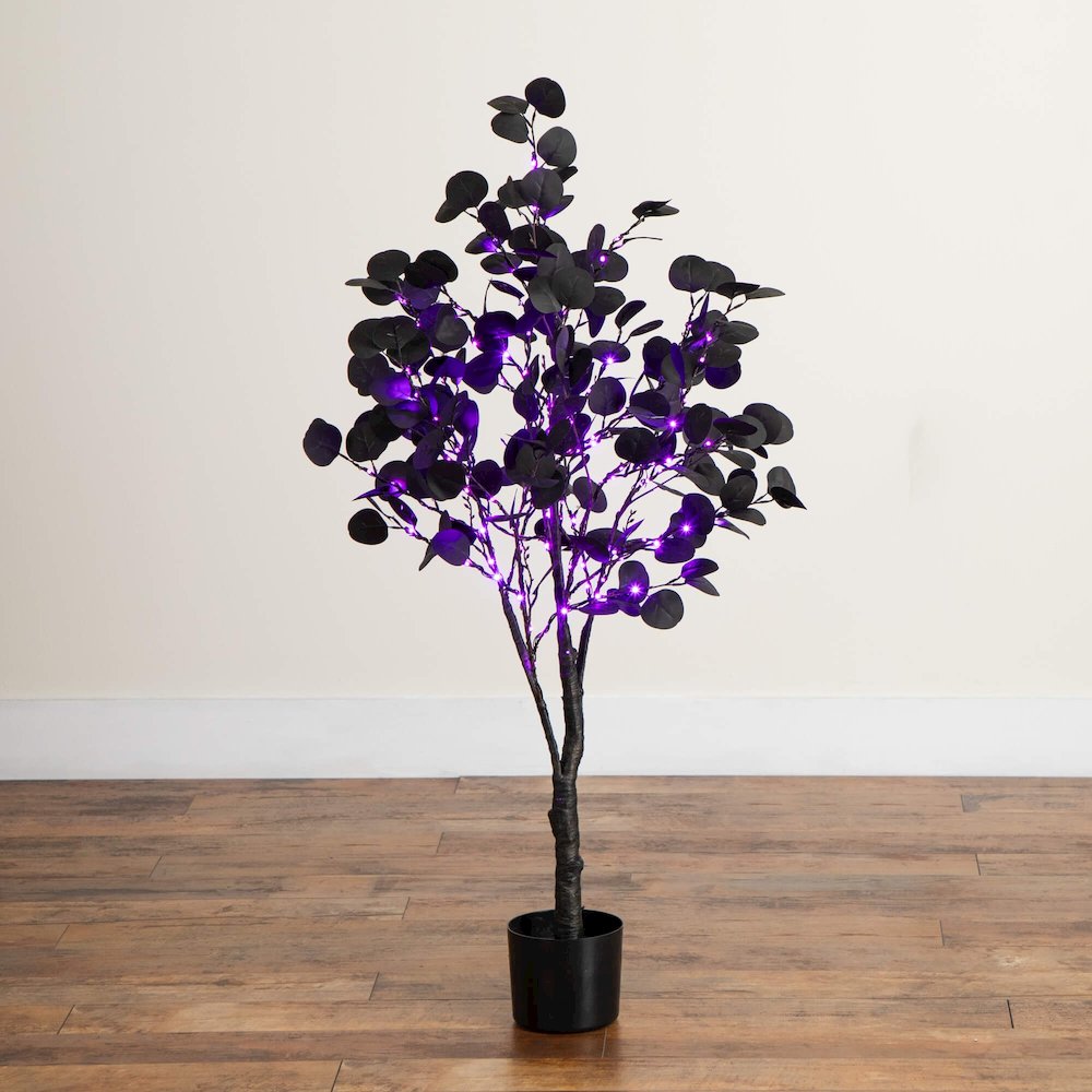 4ft. Pre-Lit Artificial Halloween Black Eucalyptus Tree with 160 LED Lights. Picture 9