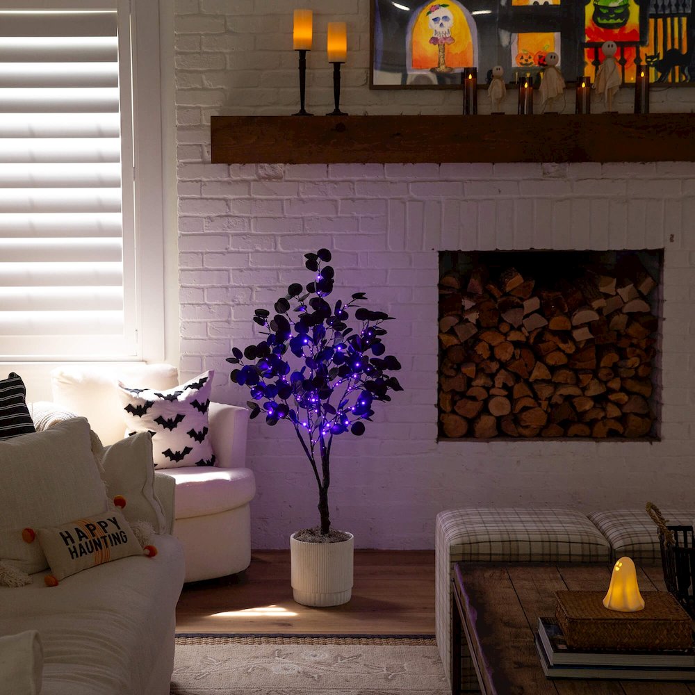 4ft. Pre-Lit Artificial Halloween Black Eucalyptus Tree with 160 LED Lights. Picture 10