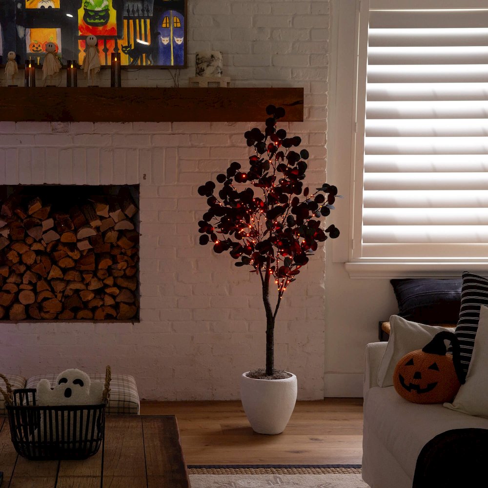 5ft. Pre-Lit Artificial Halloween Black Eucalyptus Tree with 220 LED Lights. Picture 11
