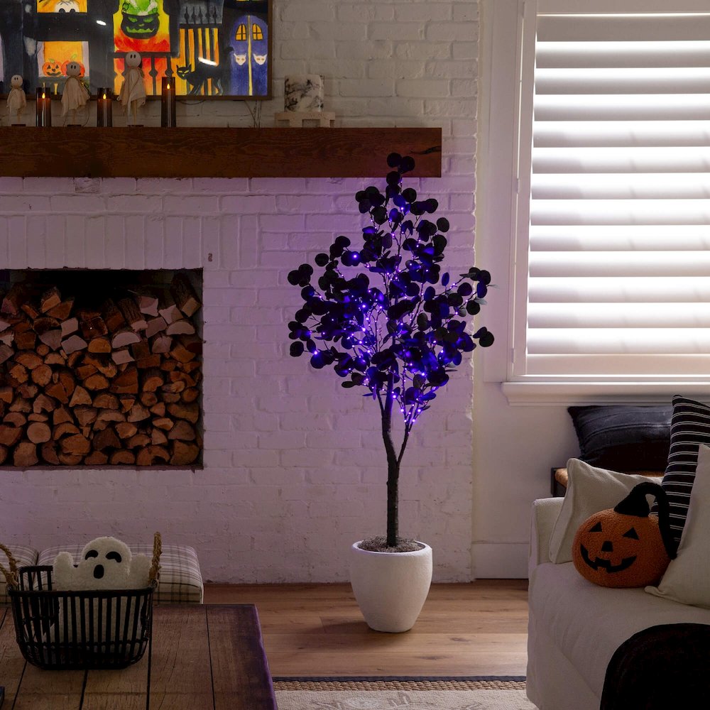 5ft. Pre-Lit Artificial Halloween Black Eucalyptus Tree with 220 LED Lights. Picture 8