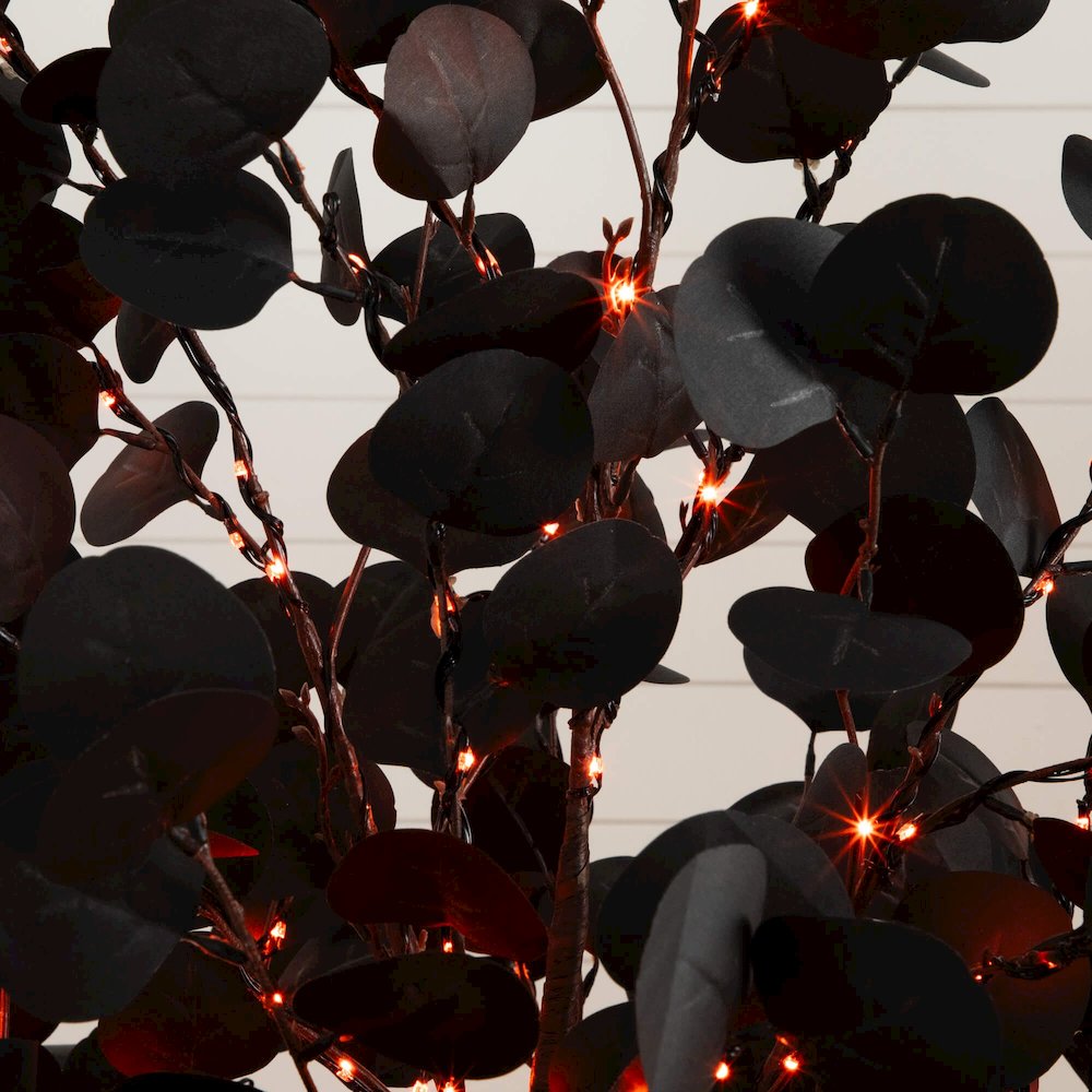 6ft. Pre-Lit Artificial Halloween Black Eucalyptus Tree with 300 LED Lights. Picture 10