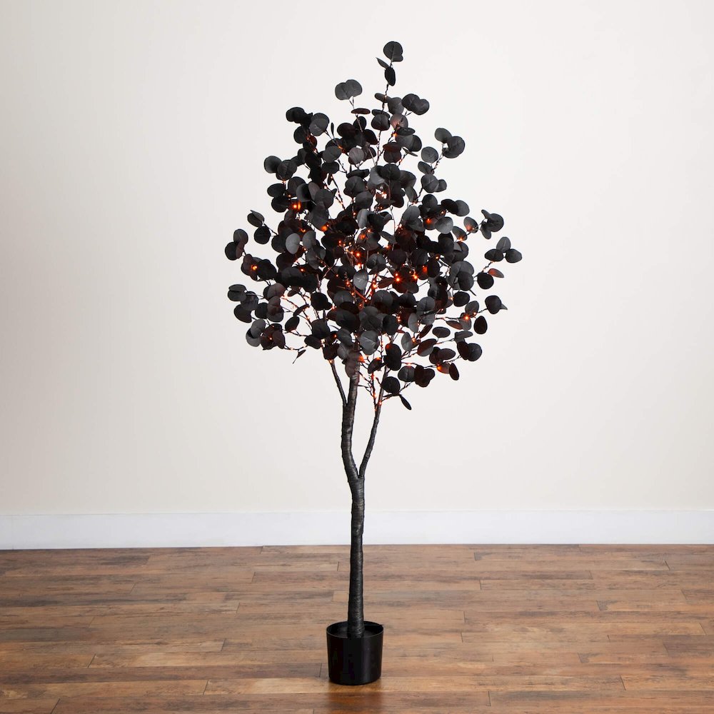 6ft. Pre-Lit Artificial Halloween Black Eucalyptus Tree with 300 LED Lights. Picture 4