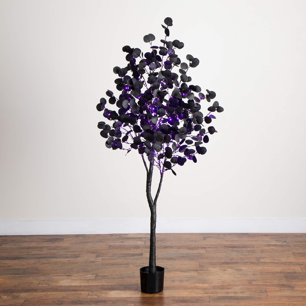 6ft. Pre-Lit Artificial Halloween Black Eucalyptus Tree with 300 LED Lights. Picture 7