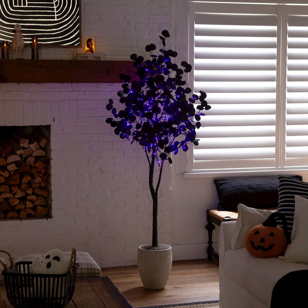 6ft. Pre-Lit Artificial Halloween Black Eucalyptus Tree with 300 LED Lights. Picture 5