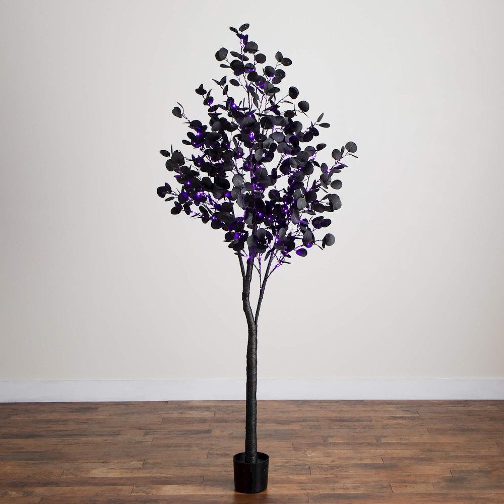 7ft. Pre-Lit Artificial Halloween Black Eucalyptus Tree with 420 LED Lights. Picture 6