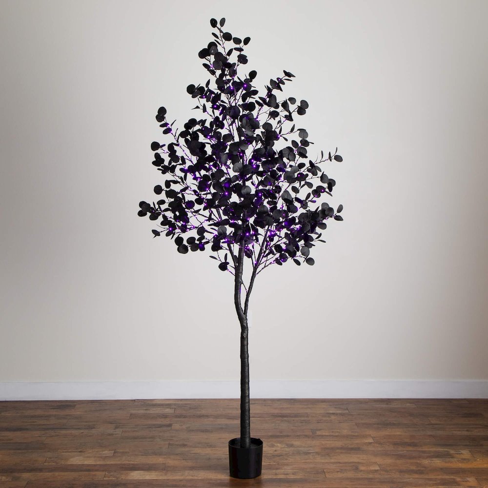 8ft. Pre-Lit Artificial Halloween Black Eucalyptus Tree with 540 LED Lights. Picture 10