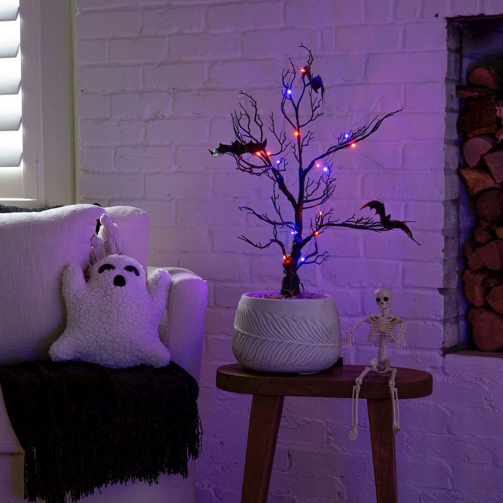 2ft. Pre-Lit Artificial Halloween Black Spooky Twig Tree with Bats. Picture 9
