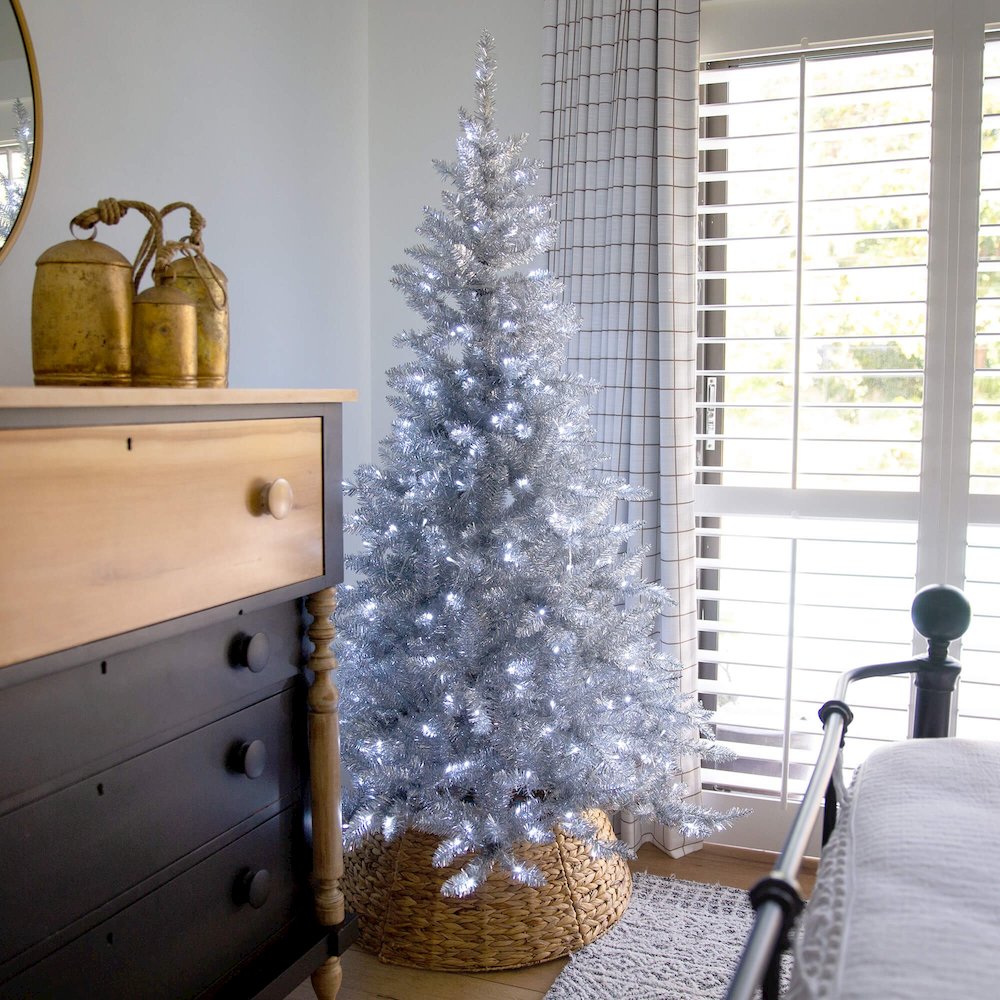 6ft. Artificial Silver Christmas Tree with 300 Cool White LED Lights. Picture 8