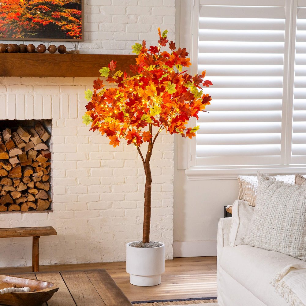 6ft. Pre-Lit Shades of Autumn Maple Artificial Fall Tree with 360 LED Lights. Picture 10