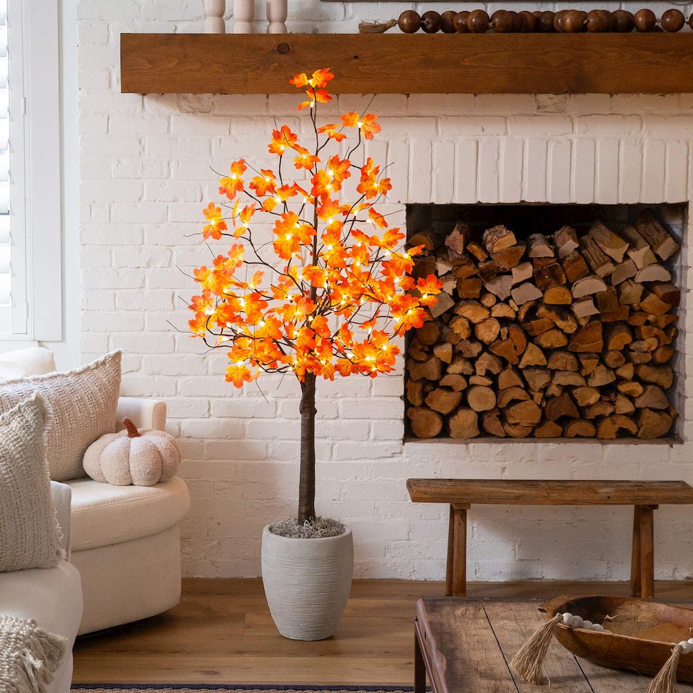 5ft. Pre-Lit Minimalist Autumn Maple Artificial Fall Tree with 96 LED Lights. Picture 5