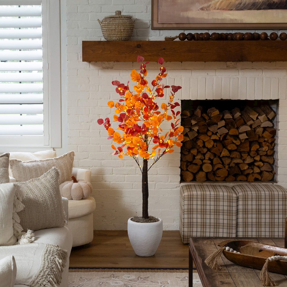 5ft. Pre-Lit Bright Autumn Eucalyptus Artificial Fall Tree with 300 LED Lights. Picture 5