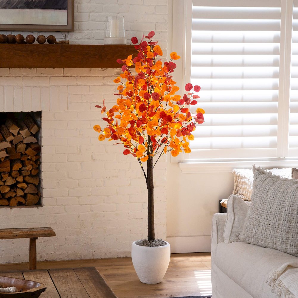 6ft. Pre-Lit Bright Autumn Eucalyptus Artificial Fall Tree with 420 LED Lights. Picture 4
