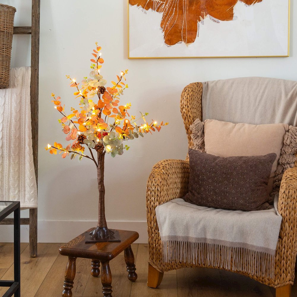 3ft. Pre-Lit Autumn Eucalyptus Artificial Fall Tree with Pinecones, Berries. Picture 8