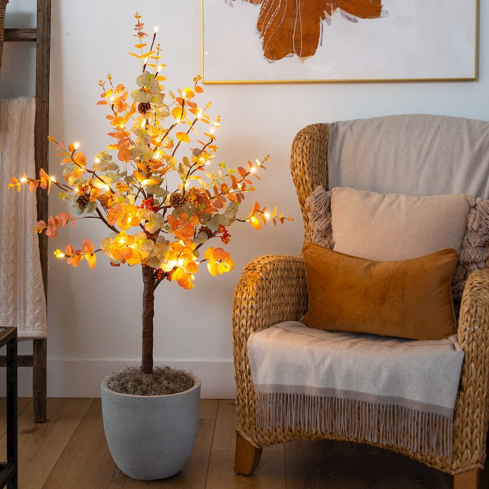 4ft. Pre-Lit Autumn Eucalyptus Artificial Fall Tree with Pinecones, Berries. Picture 7