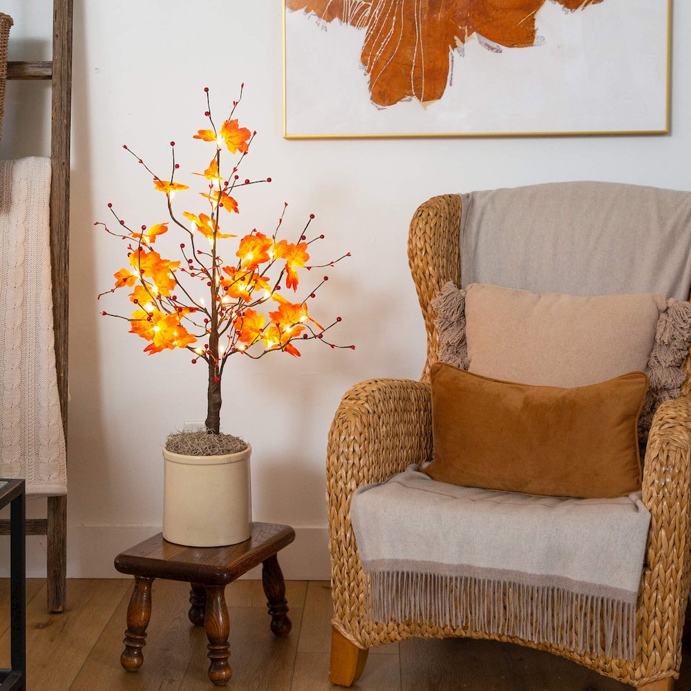 3ft. Pre-Lit Autumn Maple Artificial Fall Tree with Berries and 36 LED Lights. Picture 7