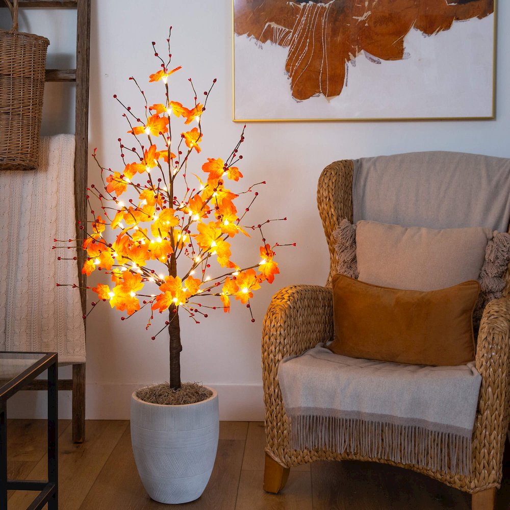 4ft. Pre-Lit Autumn Maple Artificial Fall Tree with Berries and 60 LED Lights. Picture 5