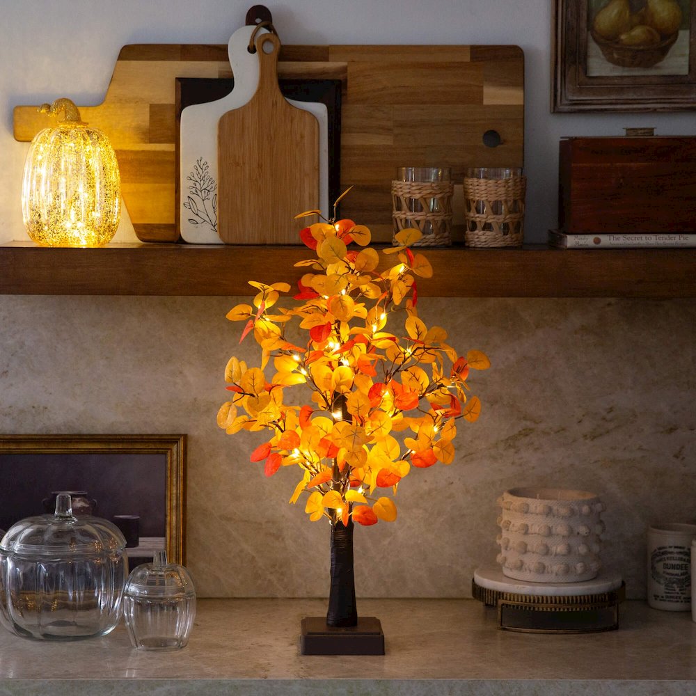 21in. Pre-Lit Bright Autumn Eucalyptus Artificial Fall Tree with 50 LED Lights. Picture 5