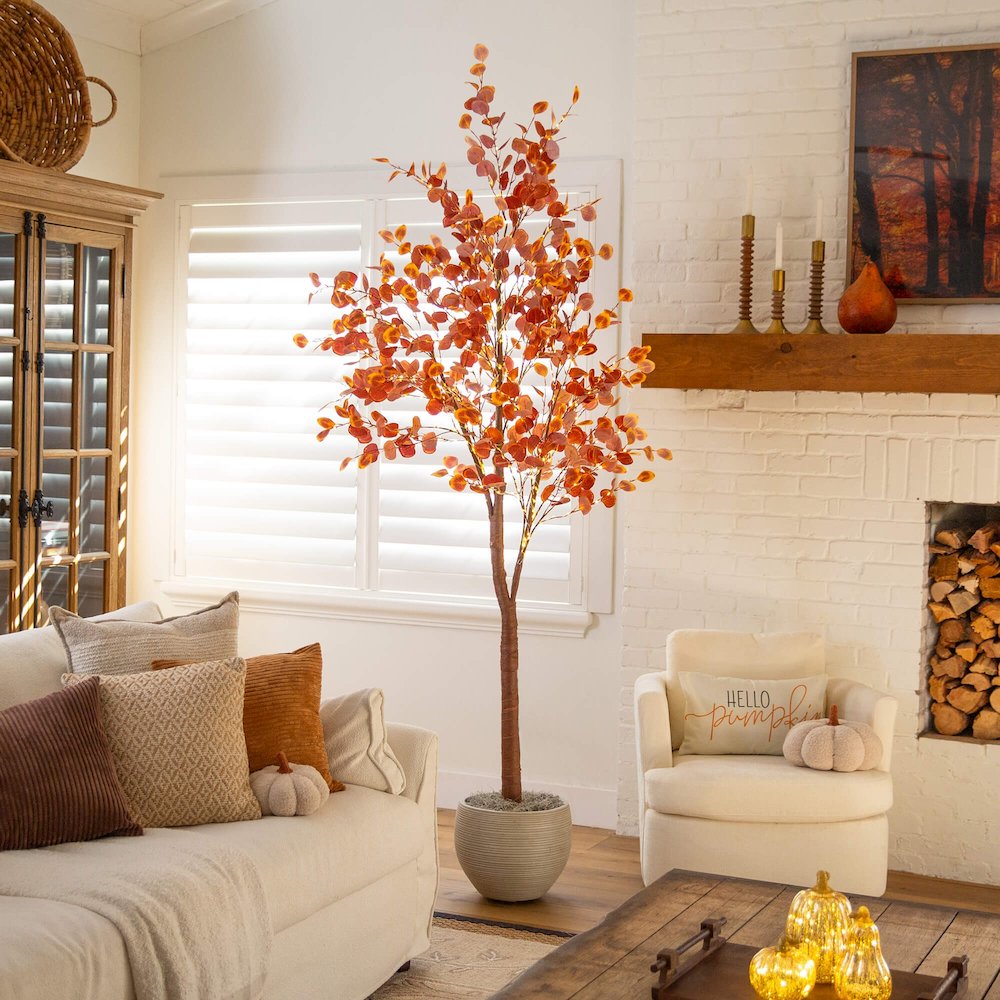 8ft. Pre-Lit Grand Autumn Eucalyptus Artificial Fall Tree with 540 LED Lights. Picture 11