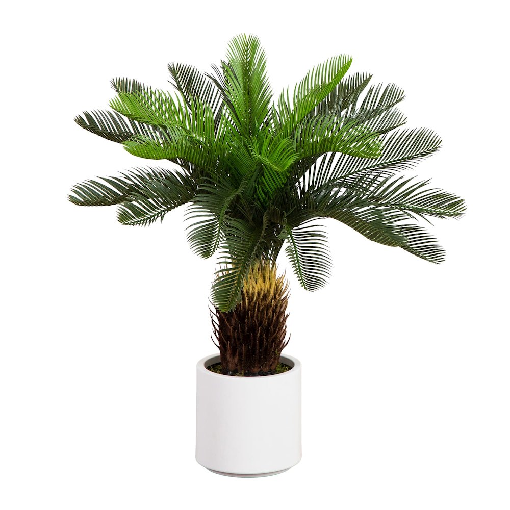 30in. UV Resistant Artificial Cycas Palm Tree in White Decorative Planter. Picture 1