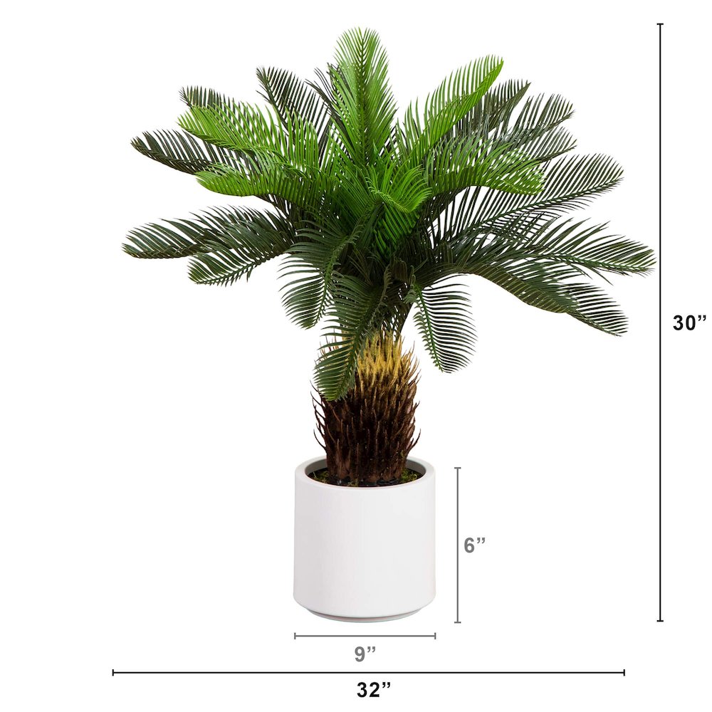 30in. UV Resistant Artificial Cycas Palm Tree in White Decorative Planter. Picture 5