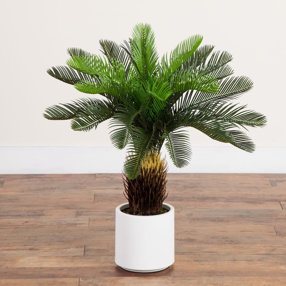 30in. UV Resistant Artificial Cycas Palm Tree in White Decorative Planter. Picture 3