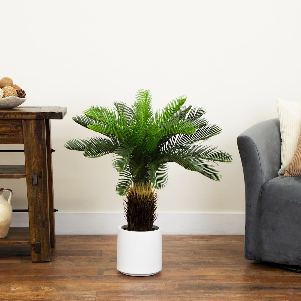 30in. UV Resistant Artificial Cycas Palm Tree in White Decorative Planter. Picture 2