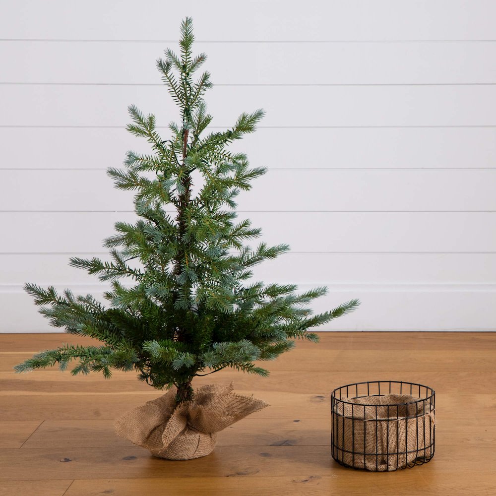 3ft. Pre-Lit Artificial Christmas Tree in Jute Wire Planter with 30 LED Lights. Picture 6