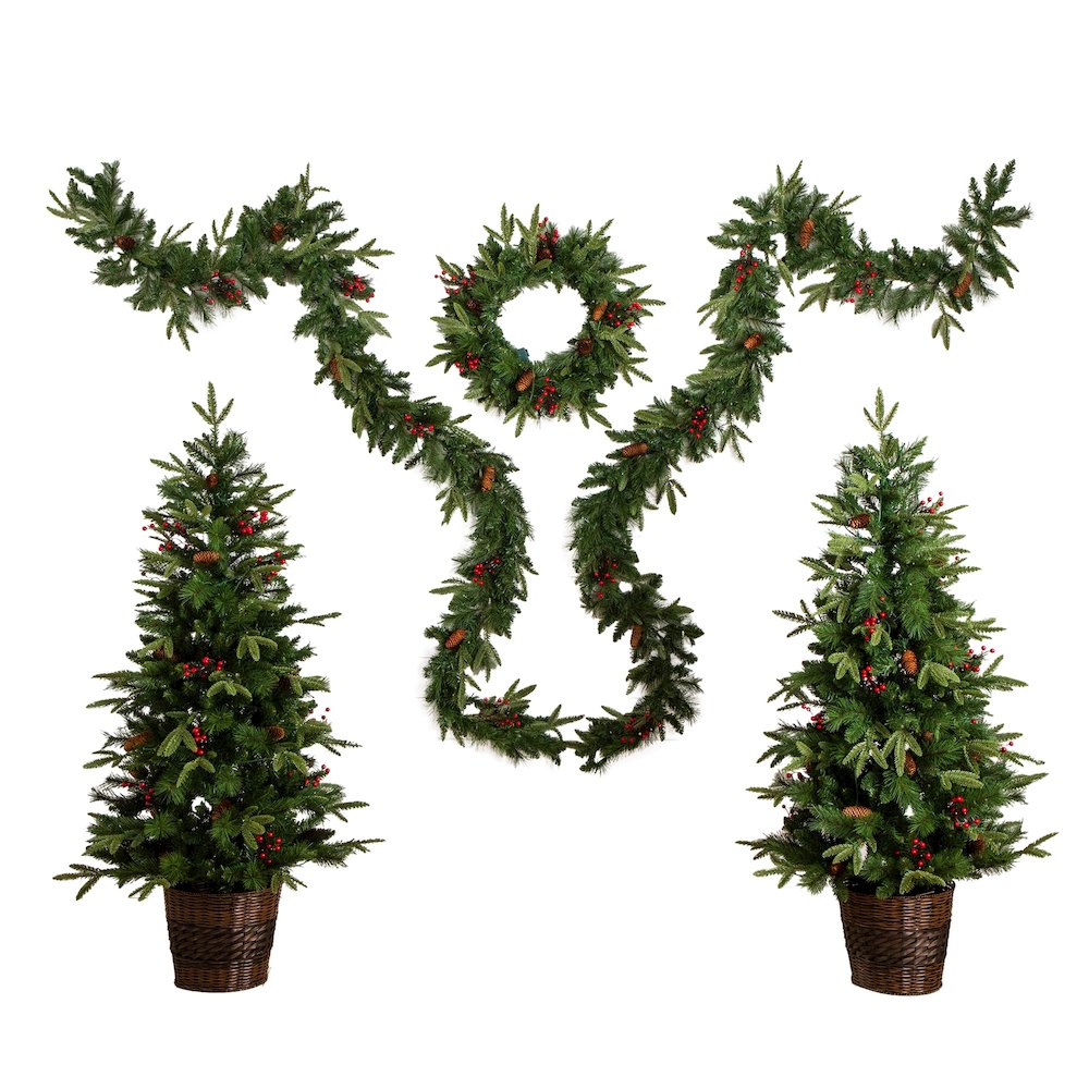 Pre-Lit Artificial Christmas Holiday 5 Piece Bundle with Pinecones & Berries. Picture 1