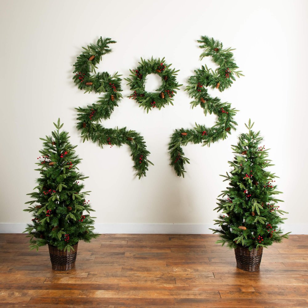 Pre-Lit Artificial Christmas Holiday 5 Piece Bundle with Pinecones & Berries. Picture 2