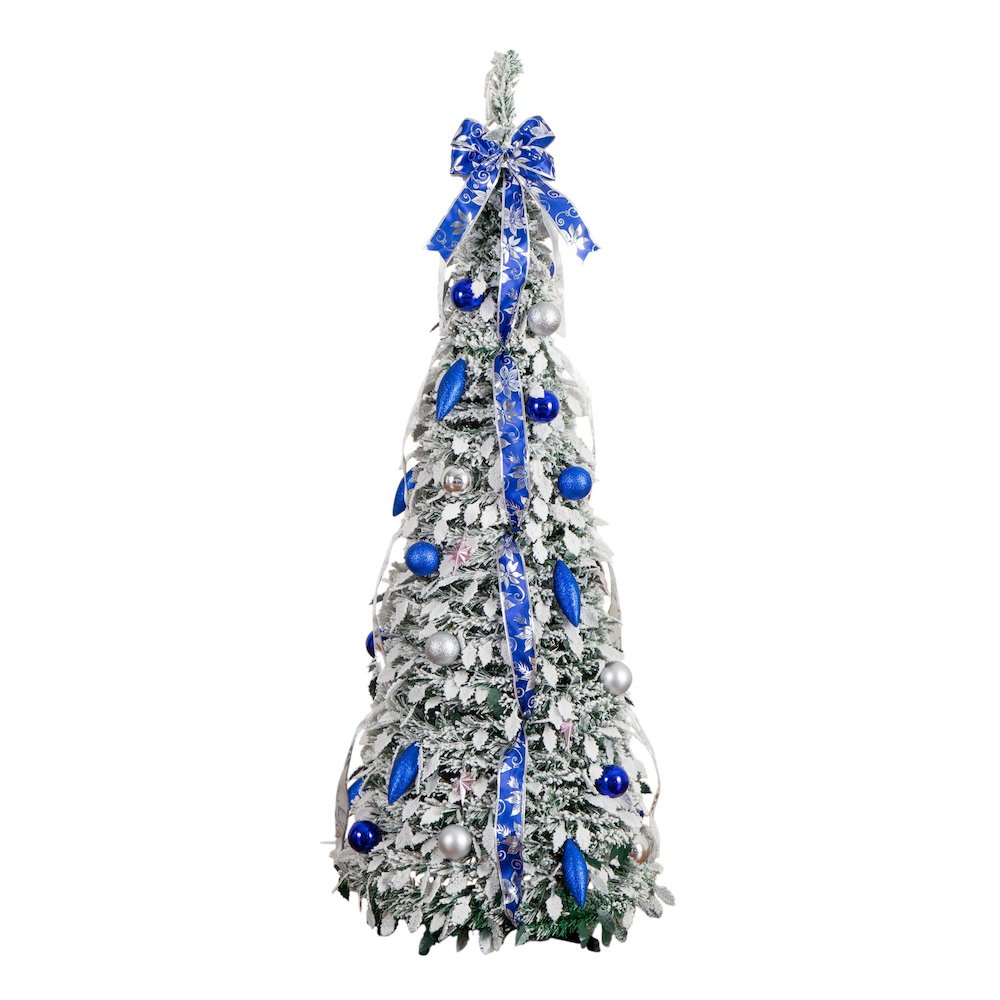 5ft Pre-Lit Artificial Pop Up Flocked Christmas Tree with Silver &Blue Ornaments. Picture 1