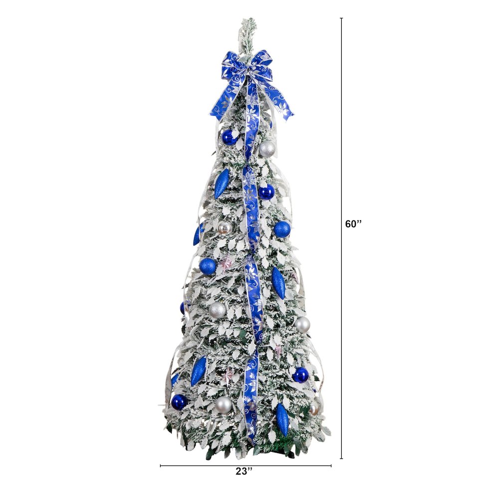 5ft Pre-Lit Artificial Pop Up Flocked Christmas Tree with Silver &Blue Ornaments. Picture 4