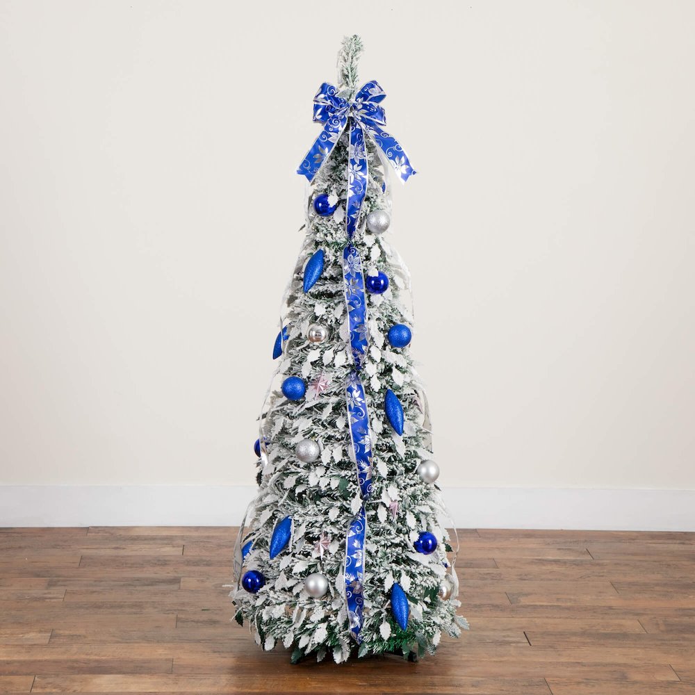 5ft Pre-Lit Artificial Pop Up Flocked Christmas Tree with Silver &Blue Ornaments. Picture 9