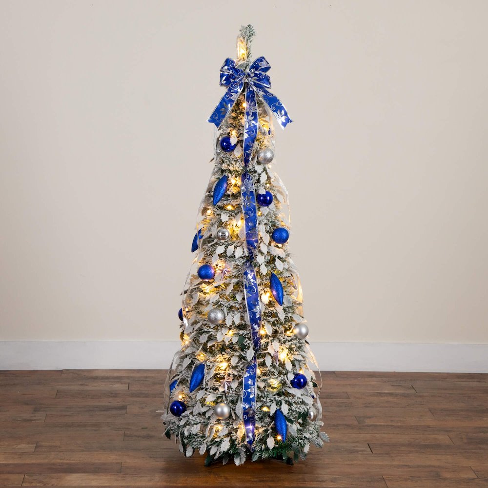 5ft Pre-Lit Artificial Pop Up Flocked Christmas Tree with Silver &Blue Ornaments. Picture 5