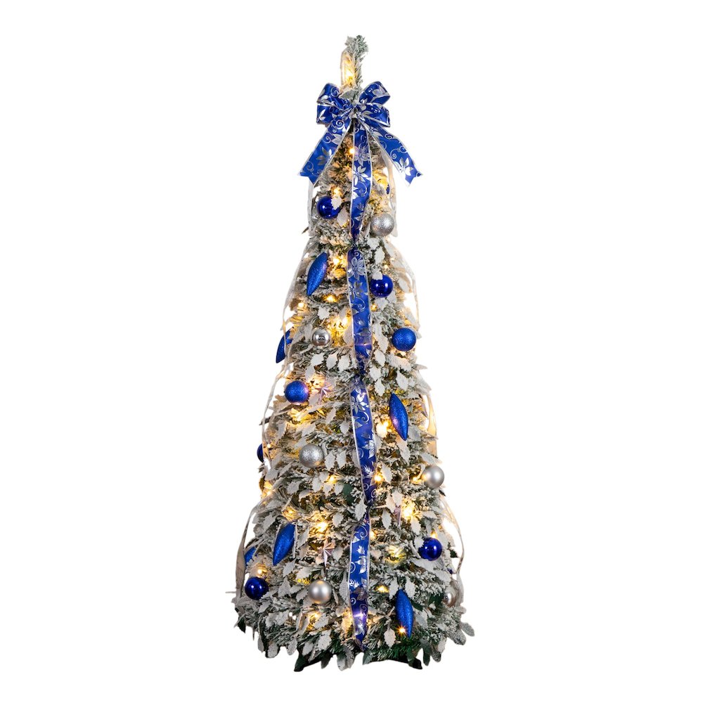 5ft Pre-Lit Artificial Pop Up Flocked Christmas Tree with Silver &Blue Ornaments. Picture 2