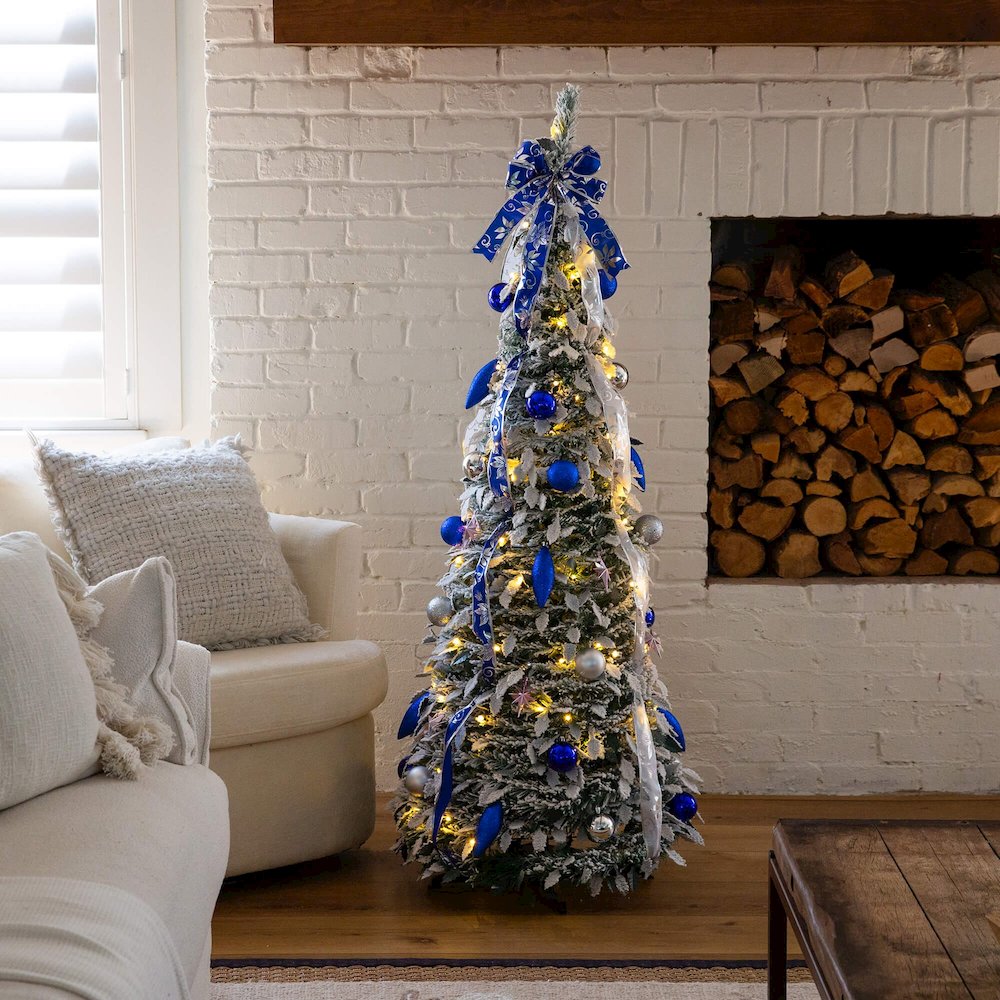 5ft Pre-Lit Artificial Pop Up Flocked Christmas Tree with Silver &Blue Ornaments. Picture 3