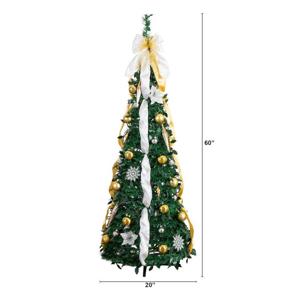 5ft. Pre-Lit Artificial Pop up Christmas Tree with Gold & Silver Ornaments. Picture 14