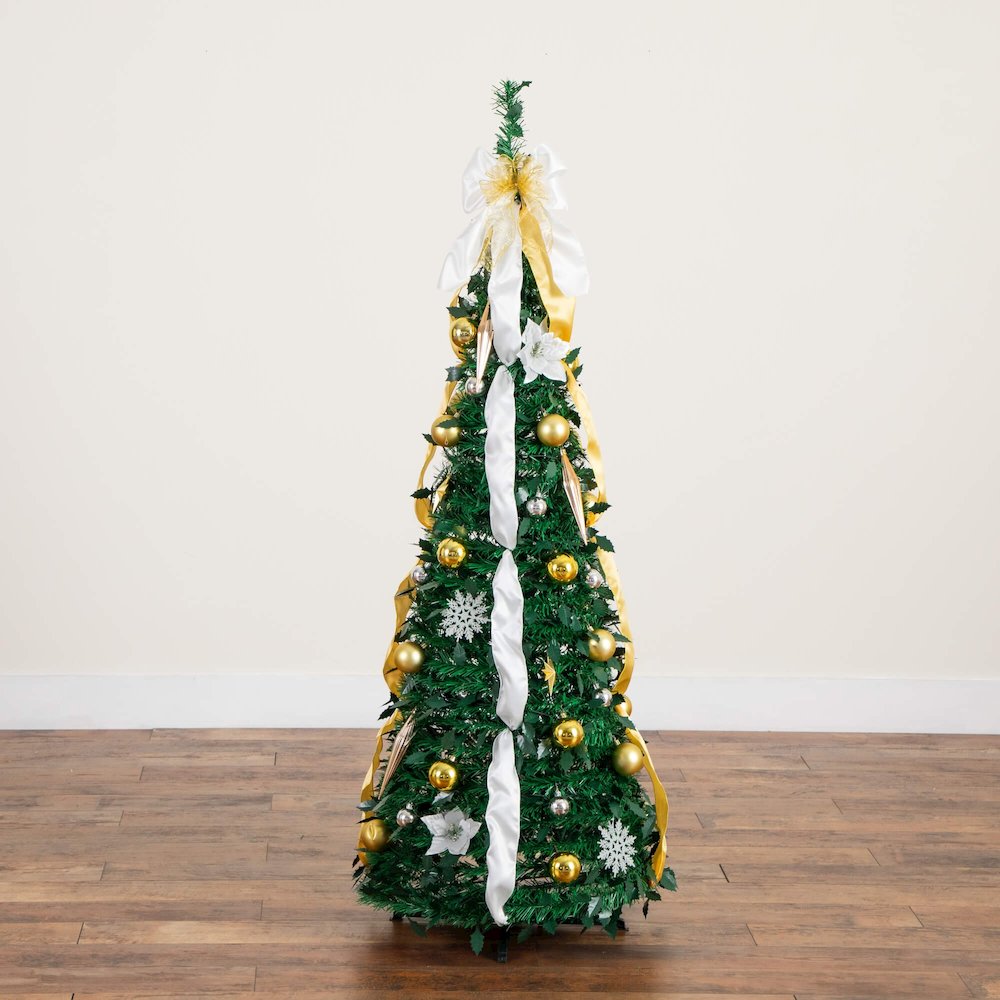 5ft. Pre-Lit Artificial Pop up Christmas Tree with Gold & Silver Ornaments. Picture 5