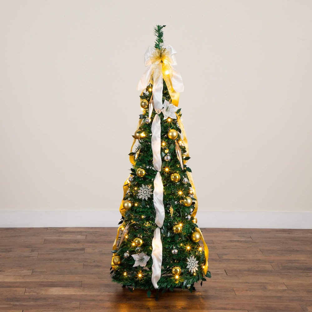 5ft. Pre-Lit Artificial Pop up Christmas Tree with Gold & Silver Ornaments. Picture 6